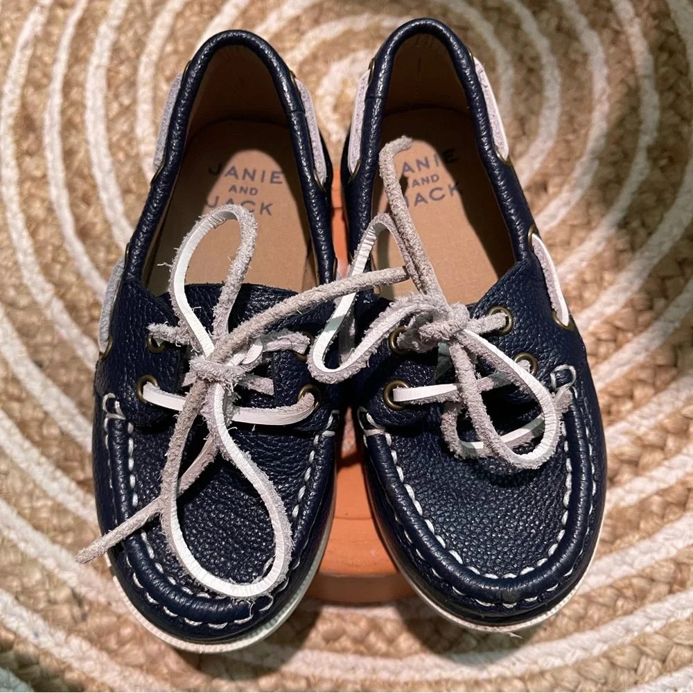 Janie and Jack Navy Blue Leather Boat Shoes with White Laces